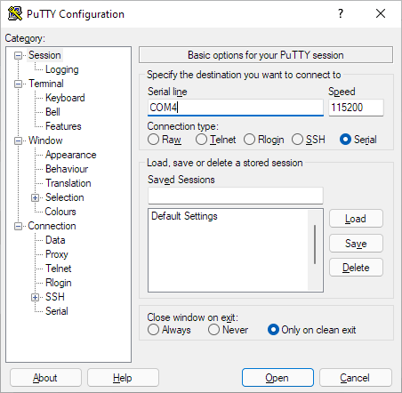 Example setup of COM port and baudrate in PuTTY